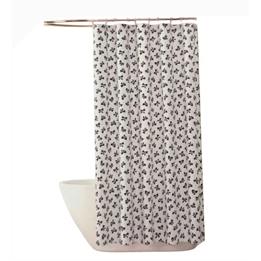 Kate Spade New York Shower Curtain Black Bows Pink Polka Dots White Cotton Blend